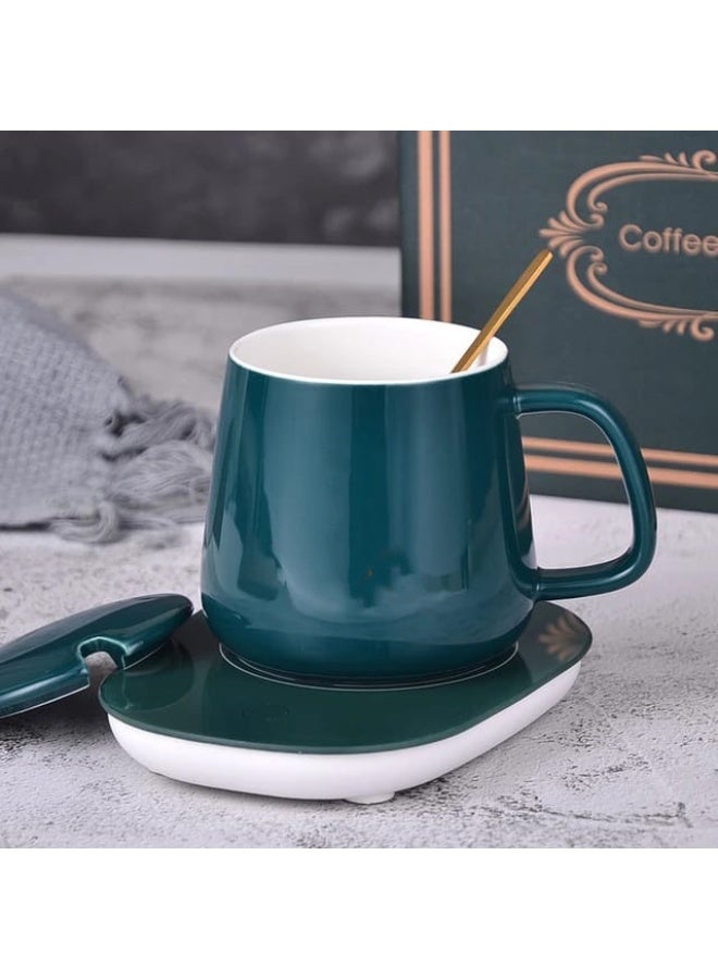 Electric Ceramic Mug Warmer Set with Lid & Spoon – Stylish Coffee Cup with Heating Base - Image 1